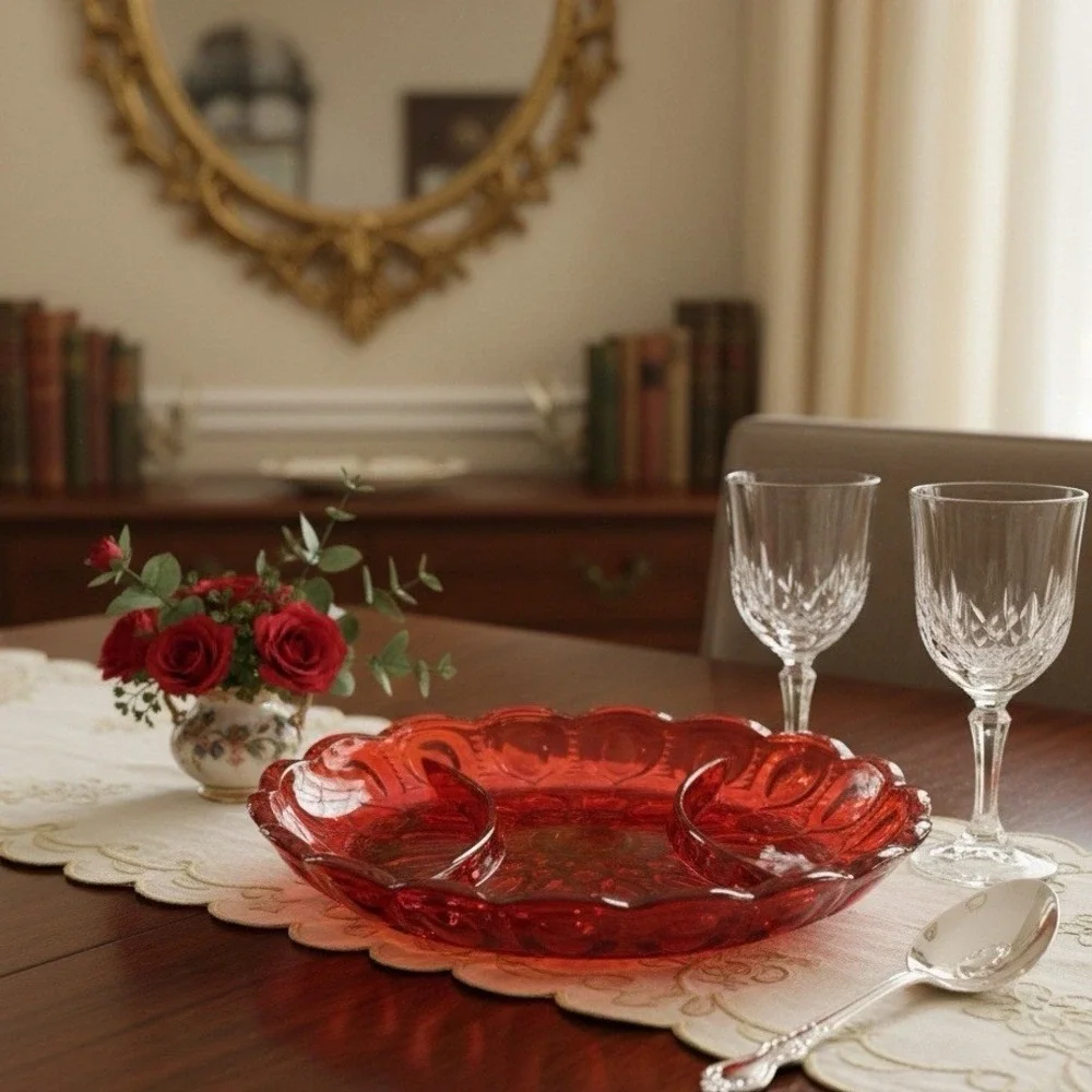 Vintage Moon and Star Amberina Glass Relish Dish 3 Part‎ Divided Server Red